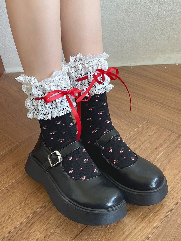 Floral Socks Pattern Details Bowknot Calf Lace Trim Black/White