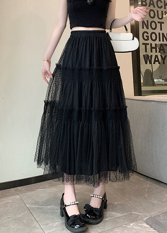 Women Black Ruffled Patchwork Elastic Waist Tulle Skirt Summer TT1006