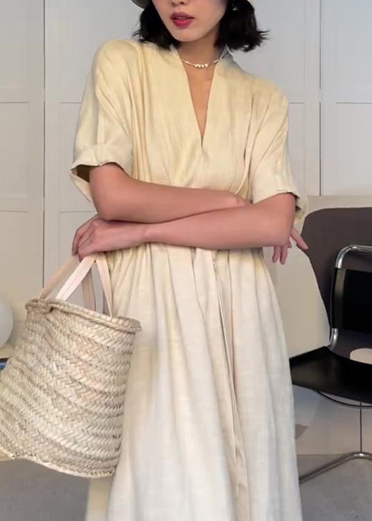 Neck Dress V Modern Beige Pockets Cotton Summer Drawstring