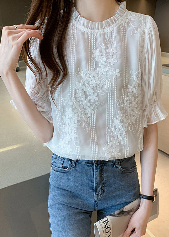 Embroidered White Chiffon Shirts Floral Bohemian Summer