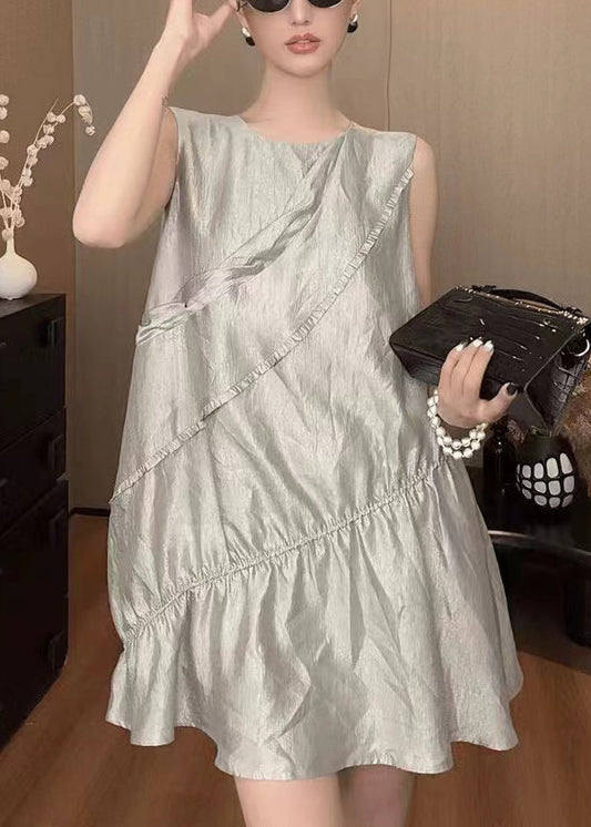 New Grey O Neck Solid Cotton Mid Dress Sleeveless QP035