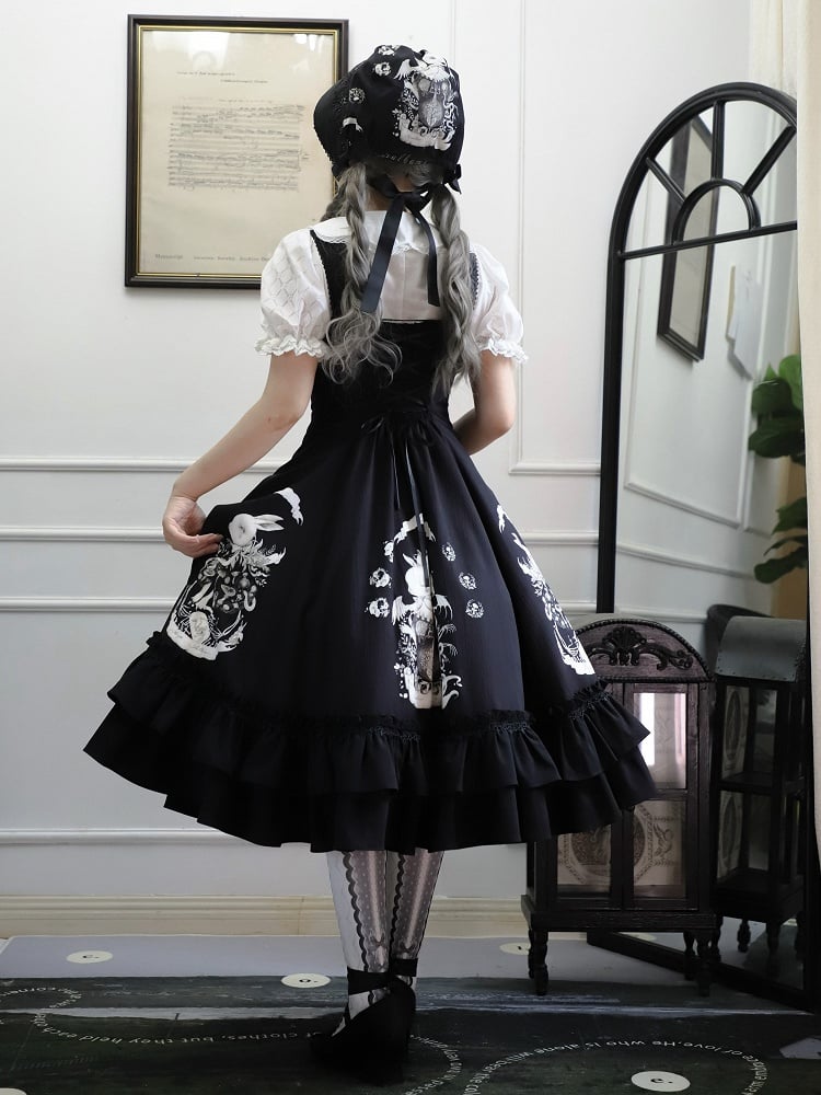 Print Fit Gothic Slim Waist Dark Black Lolita Dress Bunny