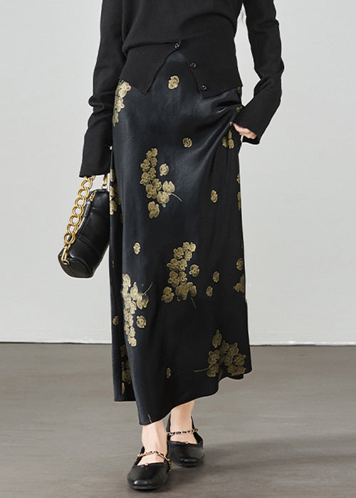 New Silk Waist Summer Skirt Black Print High