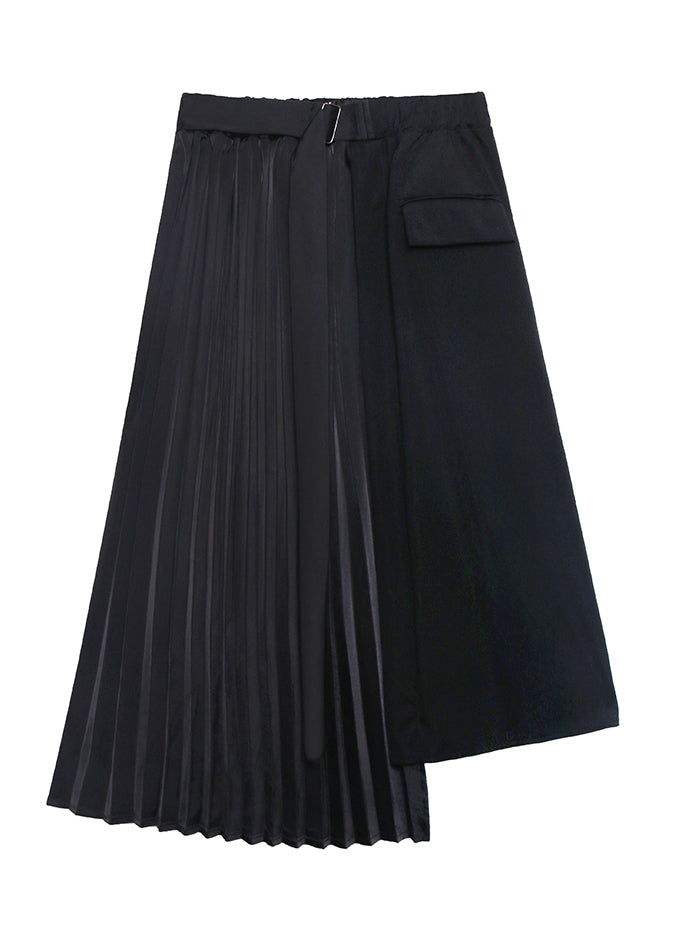 Loose Black Asymmetrical Patchwork Cotton Pleated Skirt Summer AJ1012