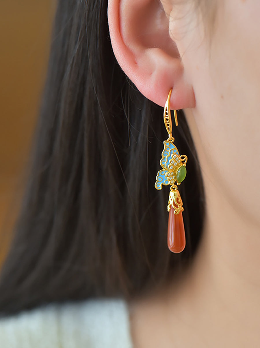 Ethnic Enamel S925Silver Butterfly Earrings Jade Women