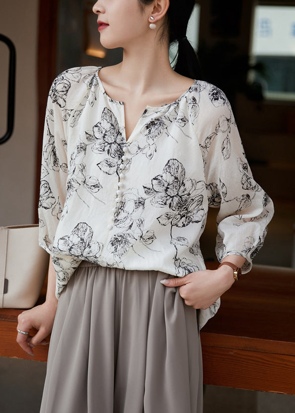 Cotton Print Bracelet Oversized Sleeve Shirts White Boho