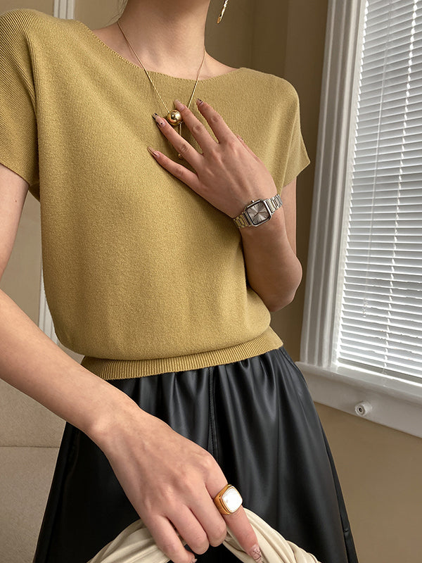 Short Neck Top Stylish Pink Boat Knit Sleeve Loose