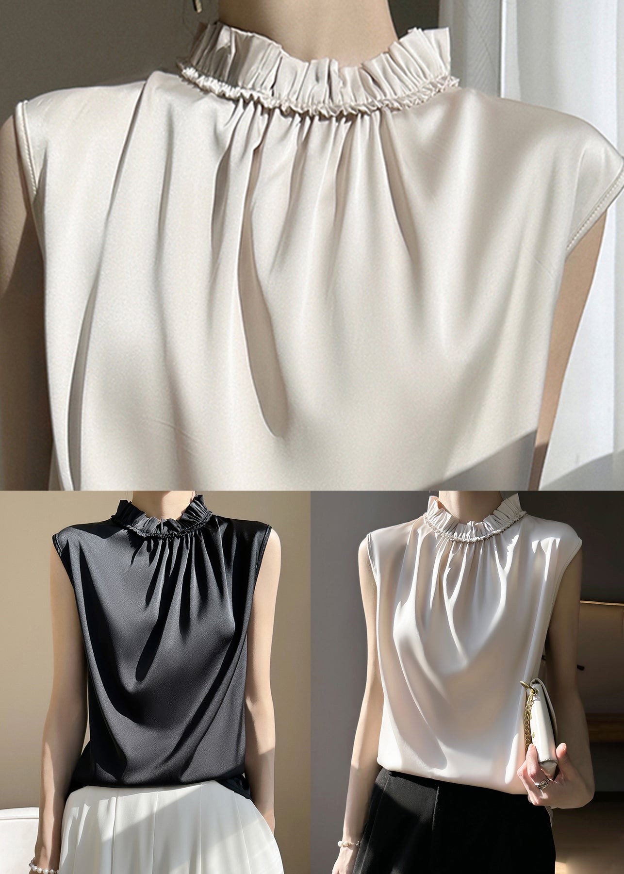 Champagne Solid Silk Tops Ruffled Summer TT1022