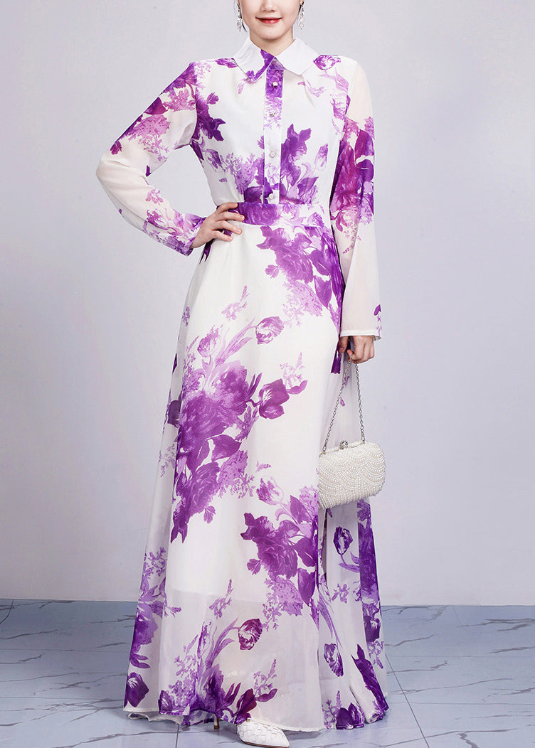 Beautiful Purple Peter Pan Collar Print Chiffon Maxi Dresses Long Sleeve AR1029