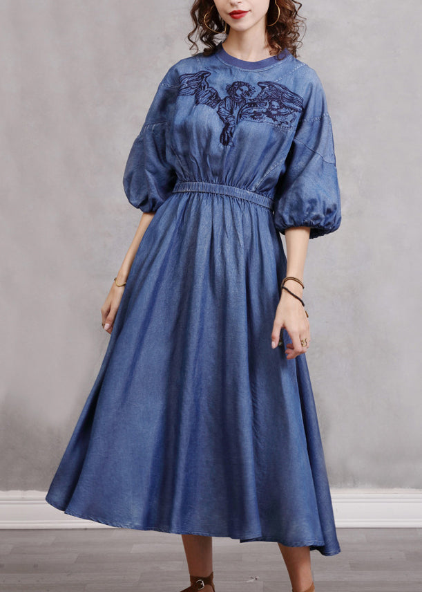 Robe longue en jean bleu vintage brodée à taille élastique et manches lanternes NN024 