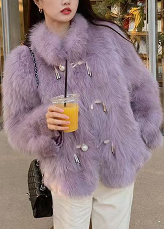 Fitted Purple Stand Collar Button Leather And Fur Coats Winter RY005