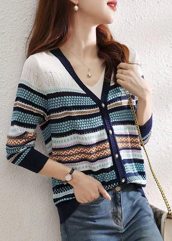 Women Colorblock V Neck Striped Patchwork Button Knit Cardigans Fall QP010