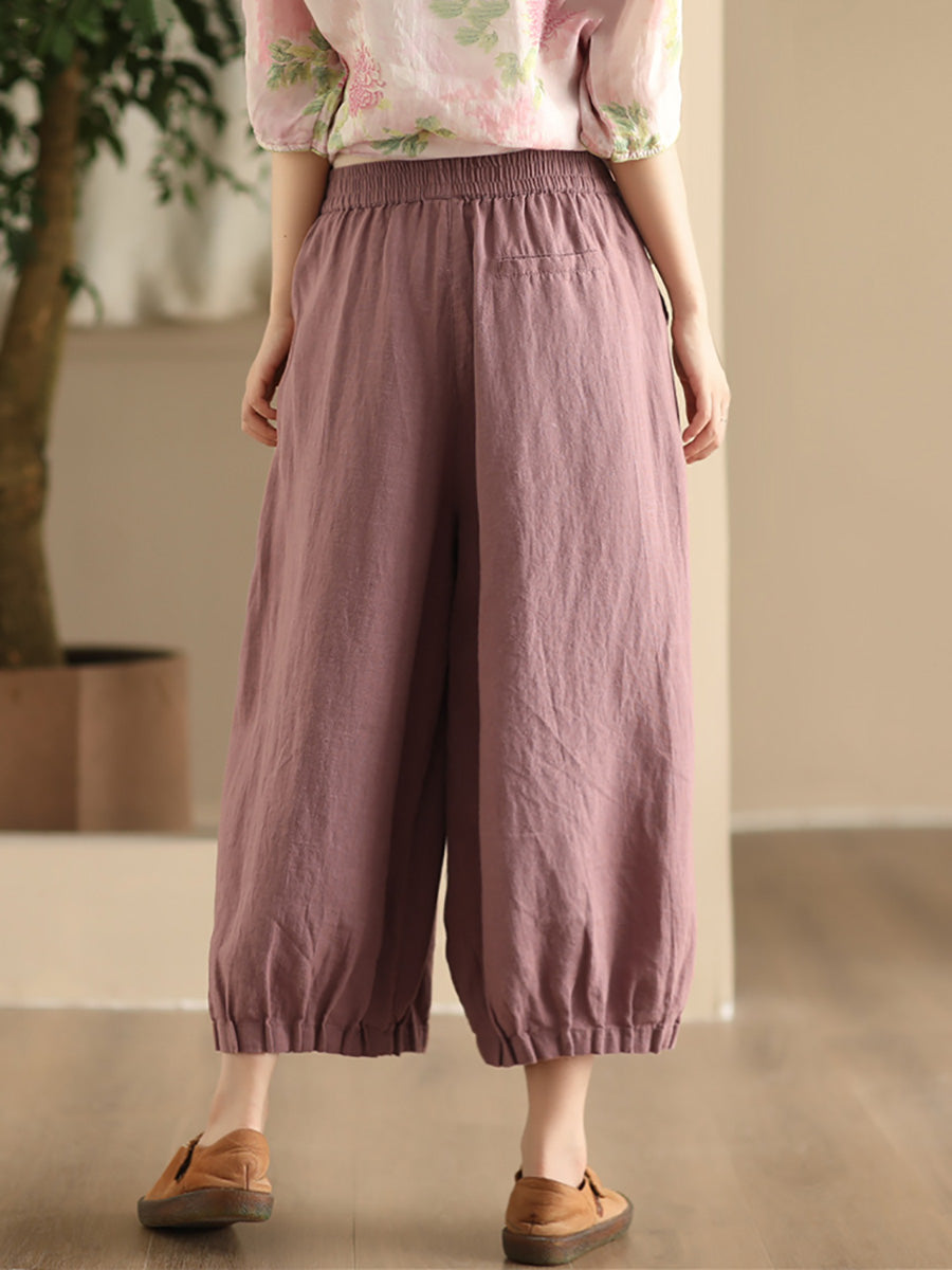 Pantalon large en lin uni vintage d'été pour femme FD038