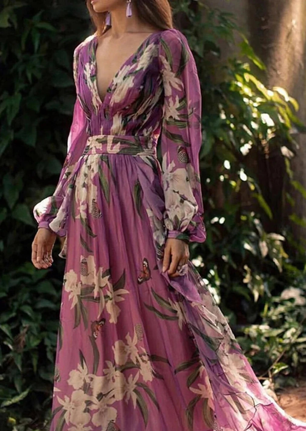 Floral Butterfly Elegant Pattern Neck V Maxi Dress