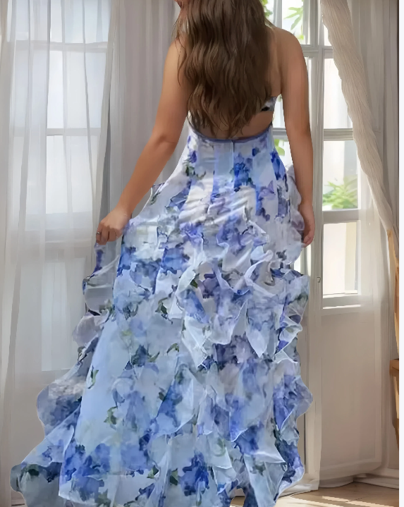 Bohemian Blue Ruffled Print Tulle Spaghetti Strap Dress Sleeveless BB046