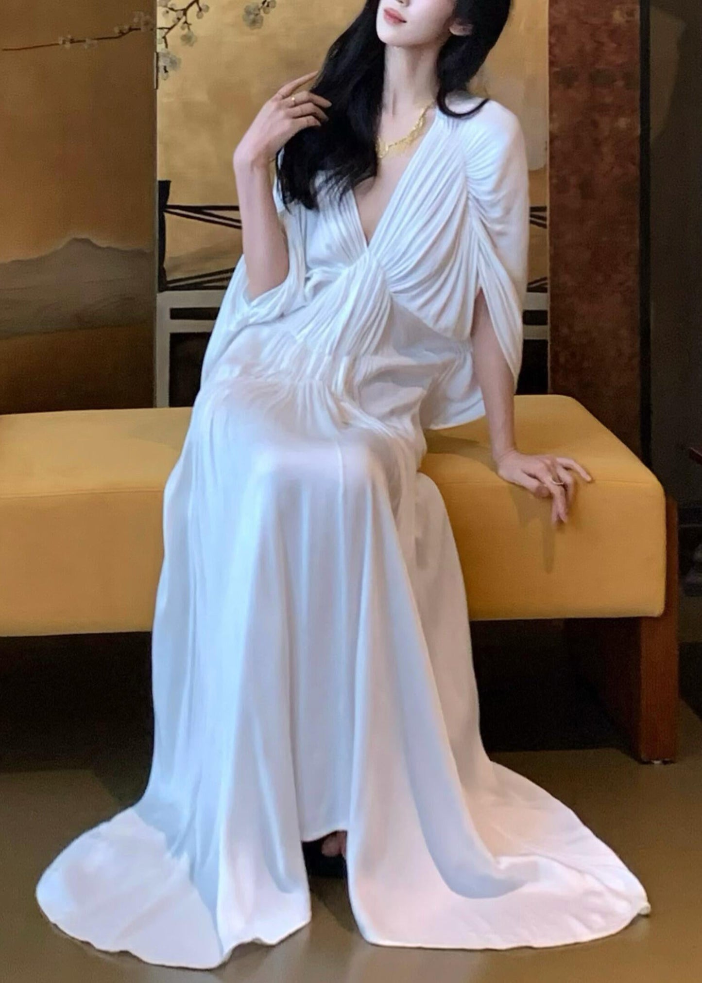 Neck Solid Dresses Batwing White Sleeve V Women Wrinkled