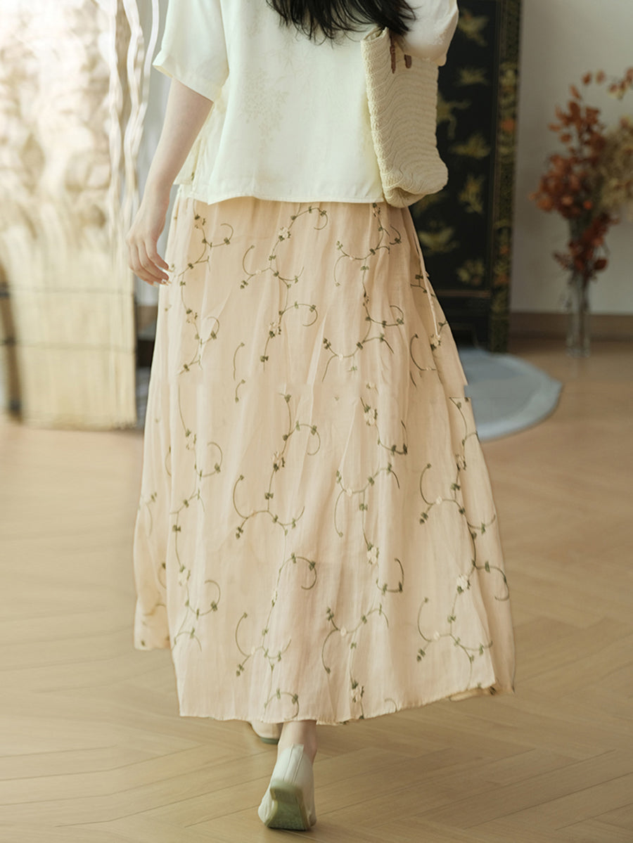 Women Summer Flower Thin Strap Linen Skirt RR1014