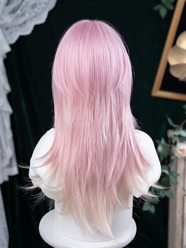 Ombre 68CM Wig Bangs Length Straight Hair Air Pink Color With
