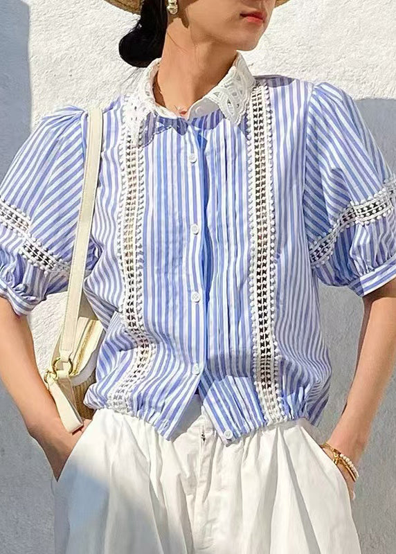 Cotton Fashion Striped Hollow Blue Blouses Out Summer