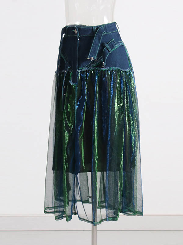 Denim A-Line Green Belted Skirt High Tulle Waisted Shiny Chic