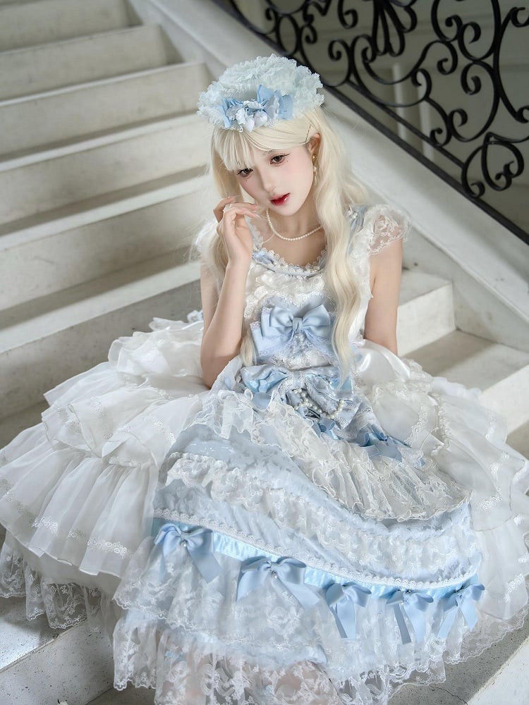 White Decoration and Blue Tiered Lolita Dress Hime Skirt Bows Hanayome