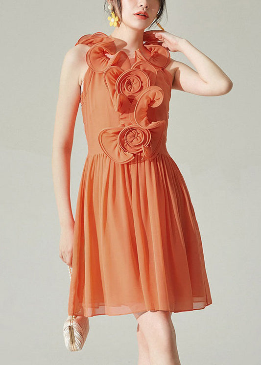 Neues ärmelloses, faltiges Chiffon-Kleid in Orange XX008