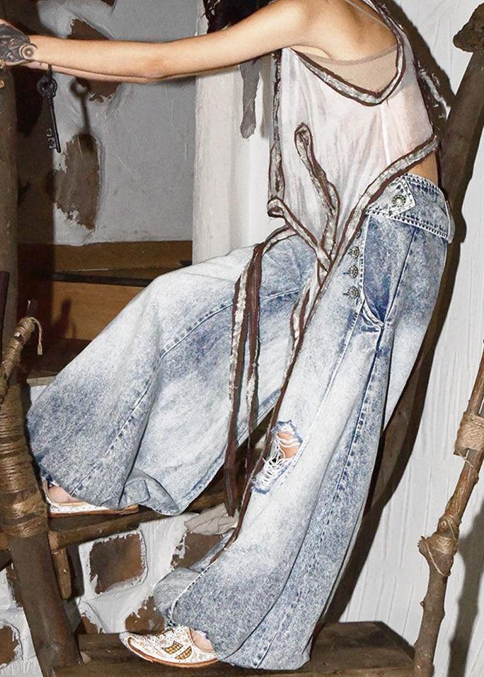 Pants Ripped Blue Wide Style Light Spring High Denim Waist Leg