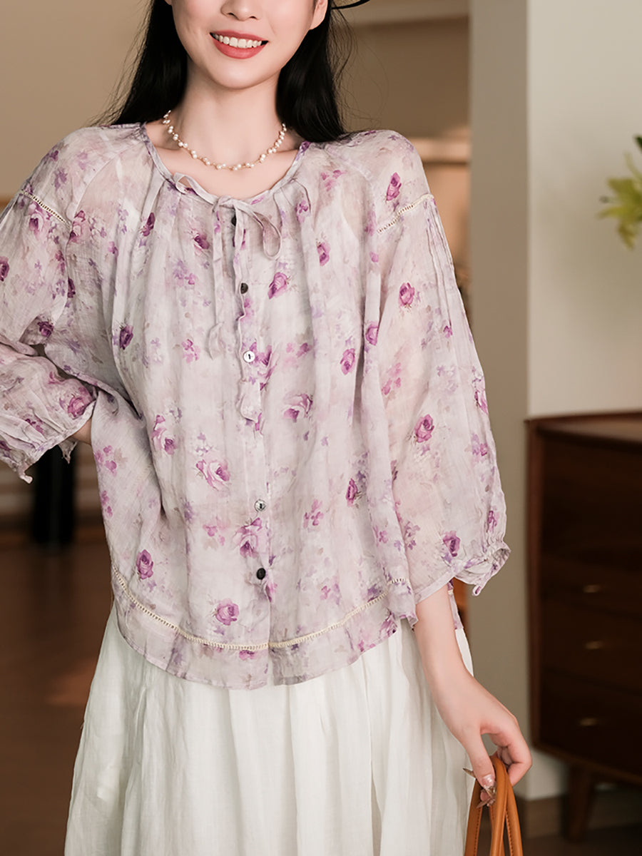 Chemise boutonnée d'été en ramie à fleurs vintage pour femmes RR1013