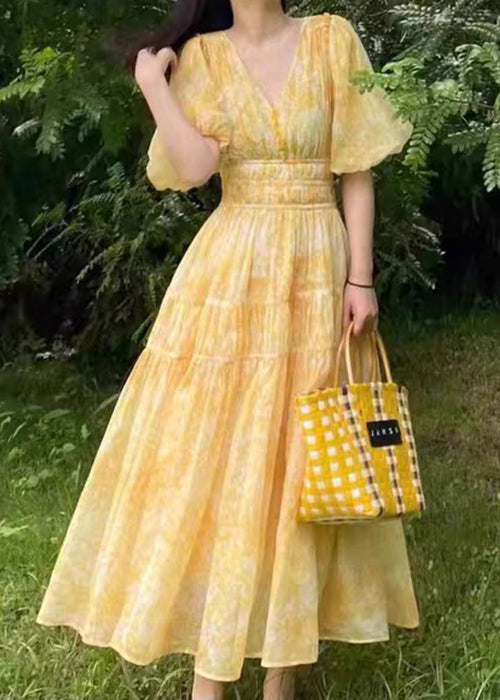 Summer Chiffon Long Dress Bohemian Print Neck V Yellow