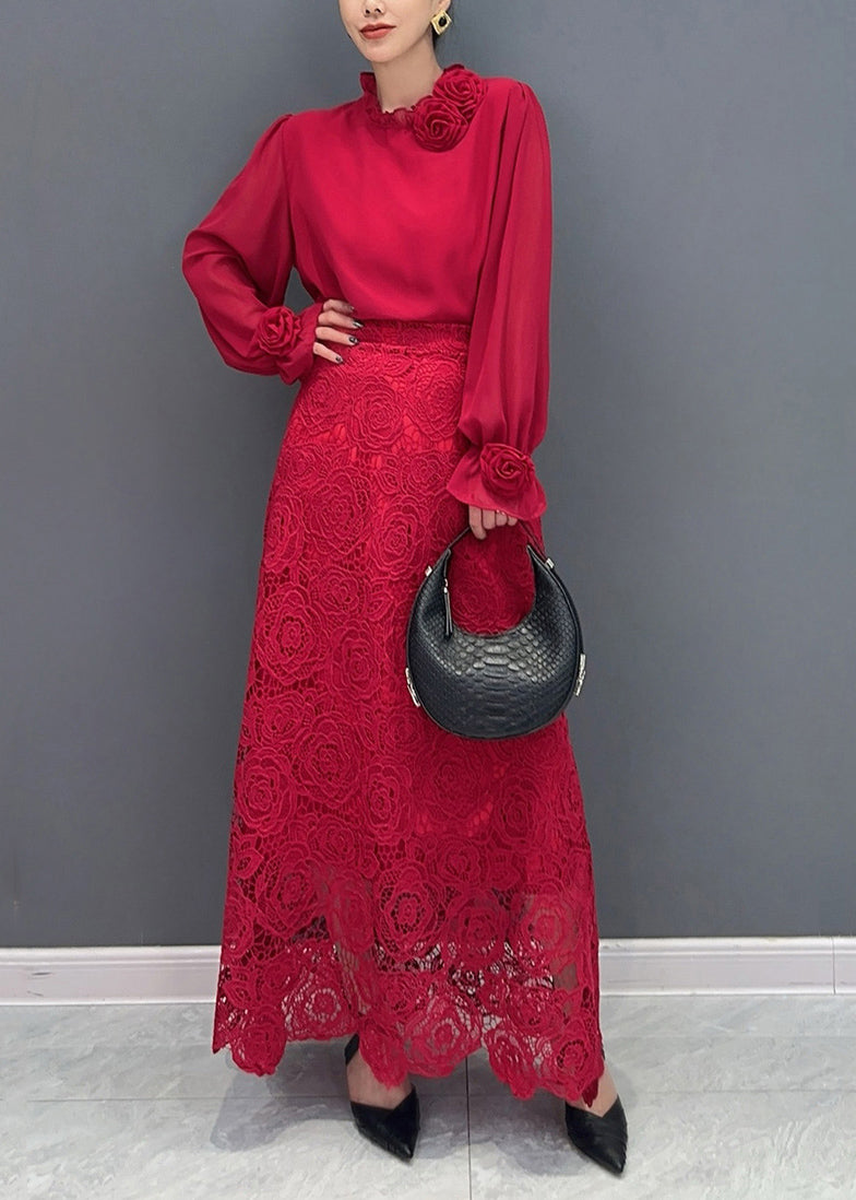 Fine Red Rose Lace Shirts And Maxi Skirts Two Pieces Set Fall AO1033