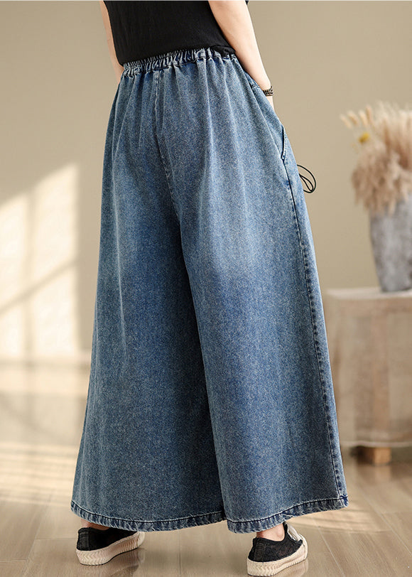 Denim Strap Blue Wrinkled Summer Leg Cross Pants Wide
