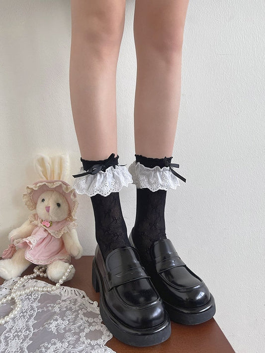 Socks Black/White/Apricot Lace Hollow-out Trim Bowknot Details