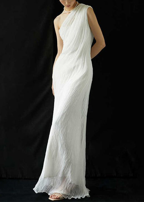 Maxi White Summer Shoulder Cold Art Silk Dress Solid Wrinkled
