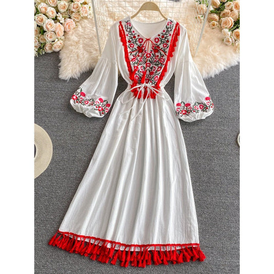 Retro White V-neck Lacing Embroidery Tassel Hem Long Puff Sleeve Dress