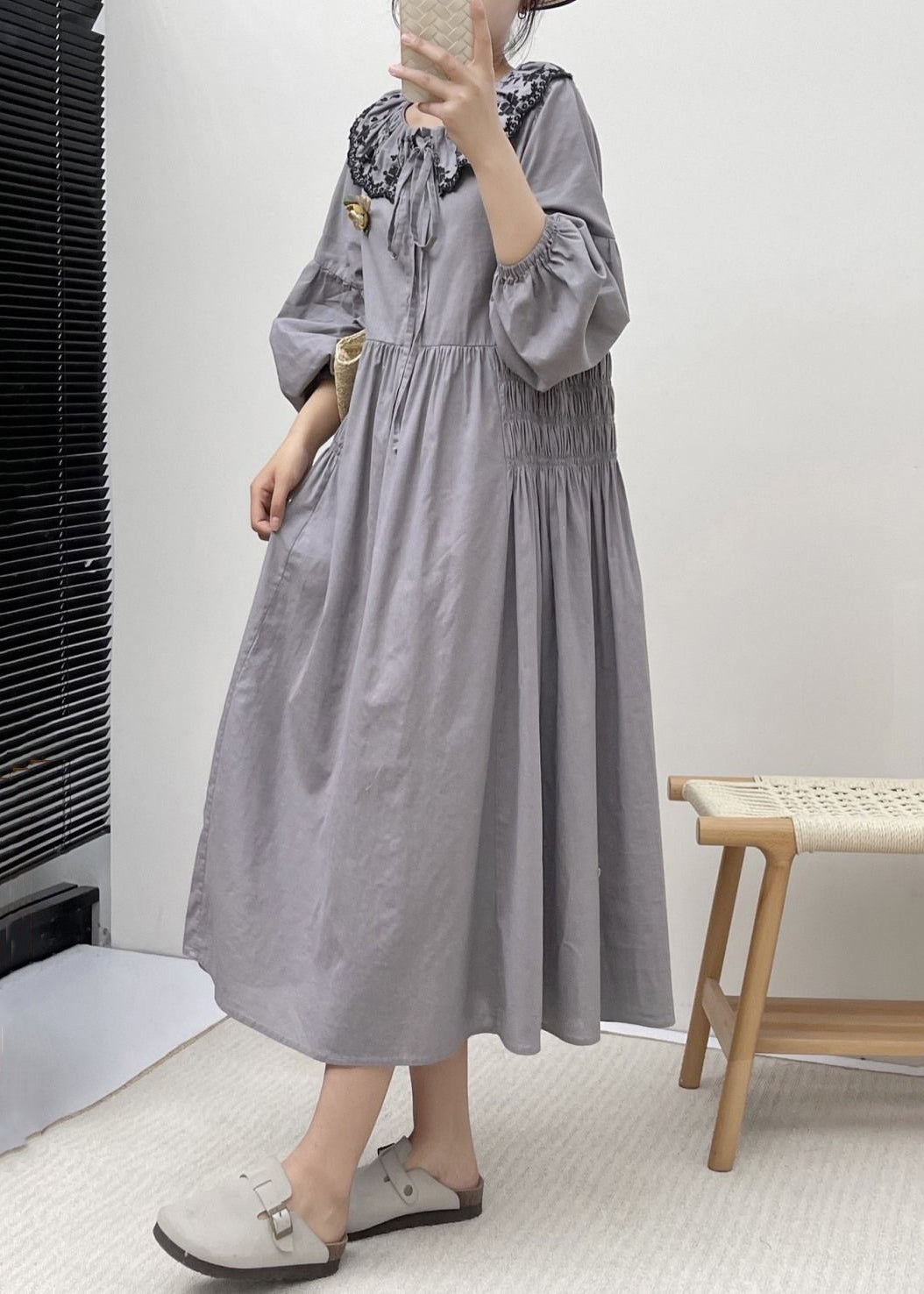 Grey Button Wrinkled Cotton Dresses Embroidered Long Sleeve NN004