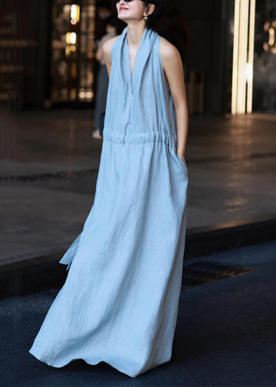Robe Light Blue Dresses Pockets New Linen Solid Waist Tie