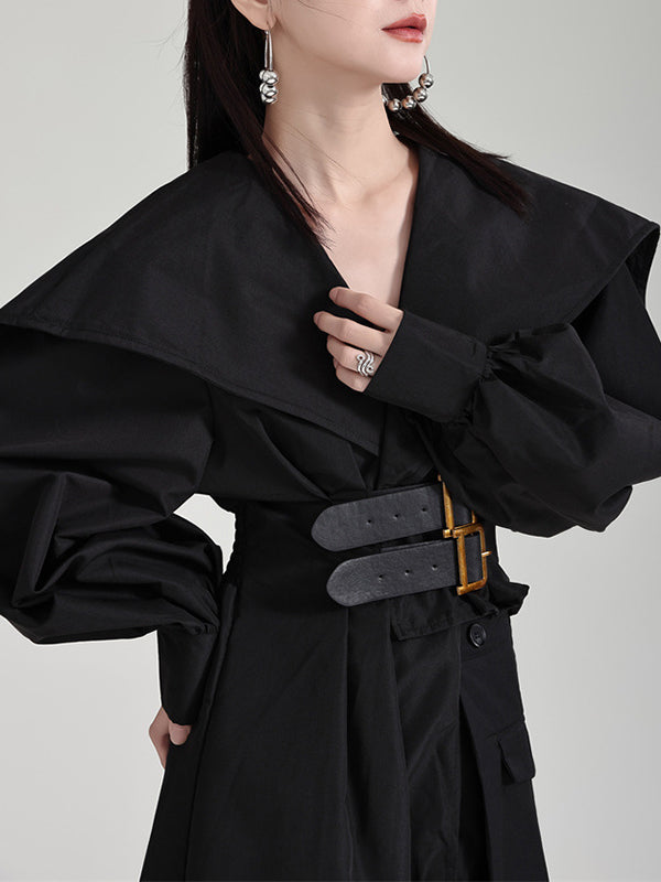 High Belted Pleated Lapel Long Black Asymmetric Waisted Modern