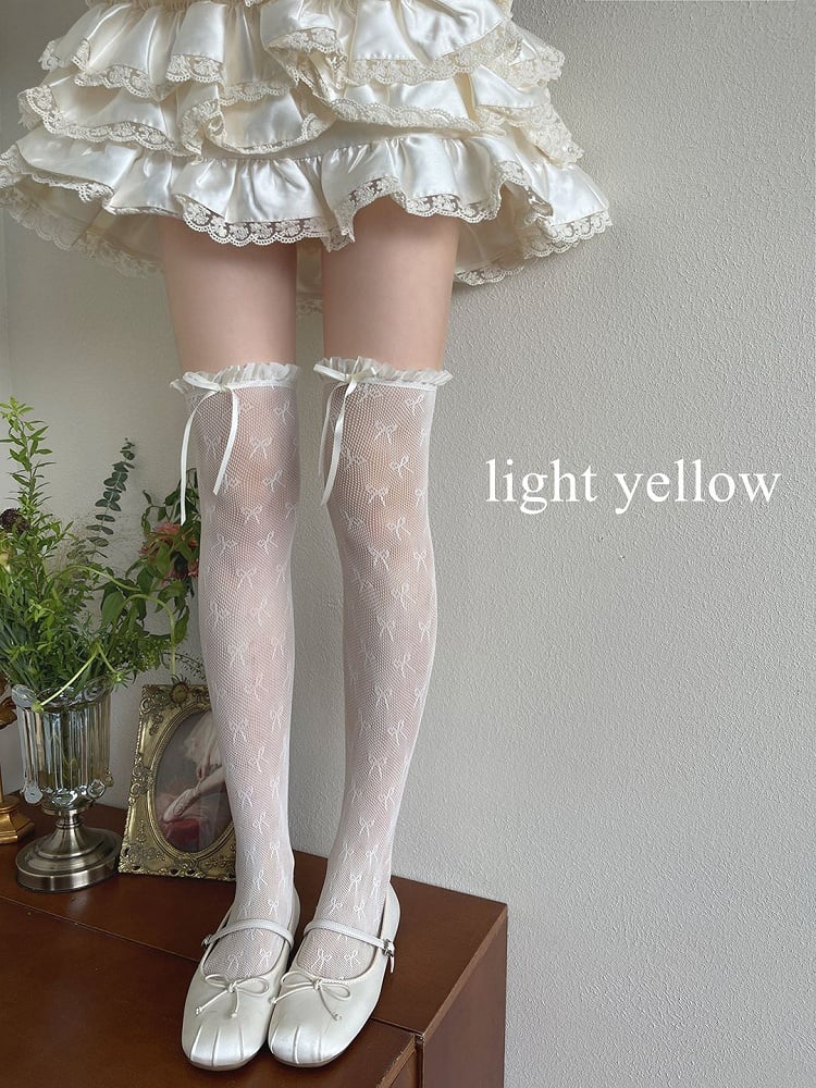 Yellow/Black Stockings Lace Details Overknee White/Light Bowknot Trim