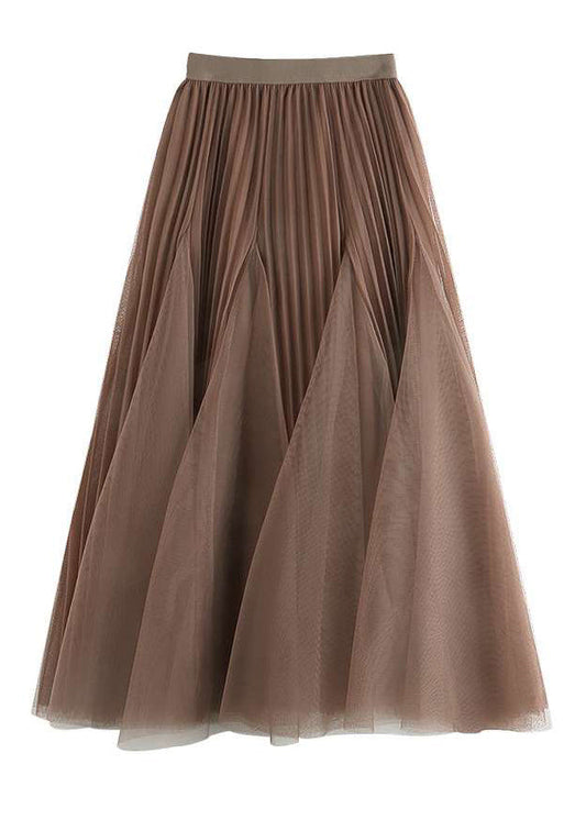 Women Brown Wrinkled Elastic Waist Tulle Skirts Spring RV005