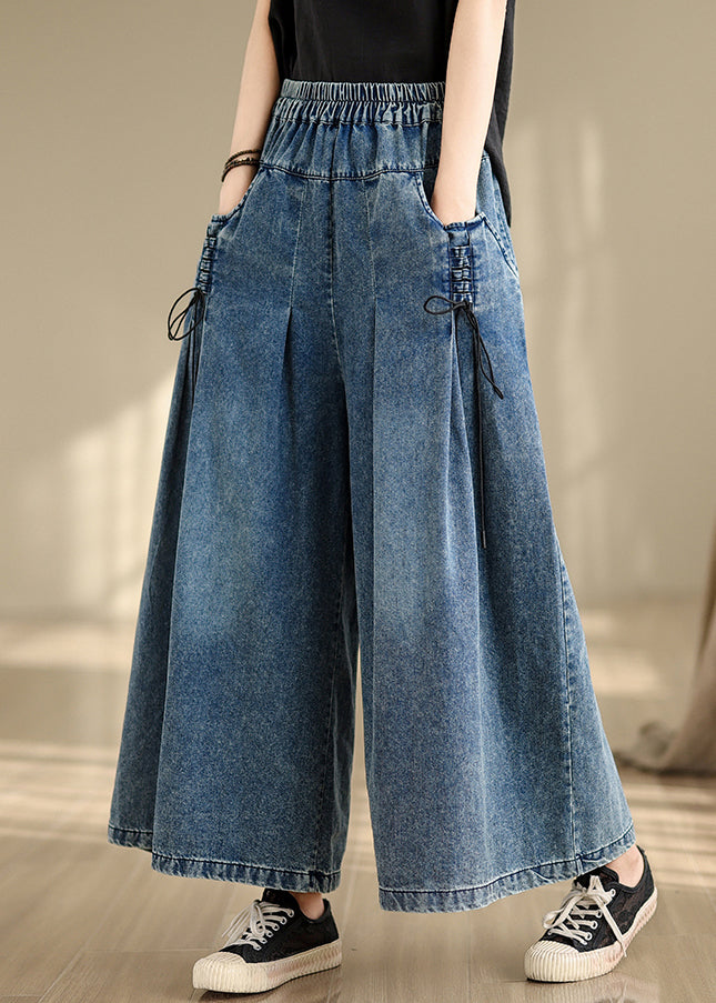 Denim Strap Blue Wrinkled Summer Leg Cross Pants Wide