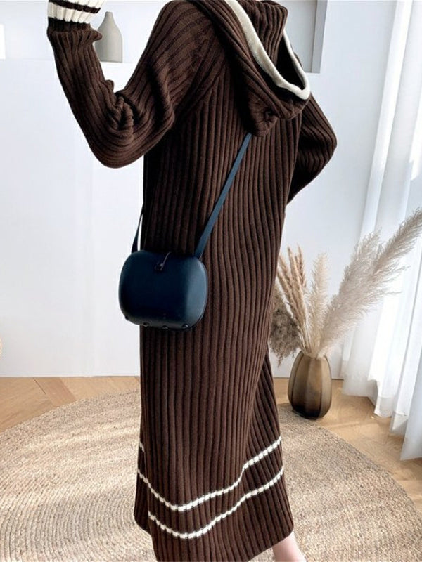 Urban Coffee Hooded V-Neck Long Sleeve Striped Knit Dress AN1051