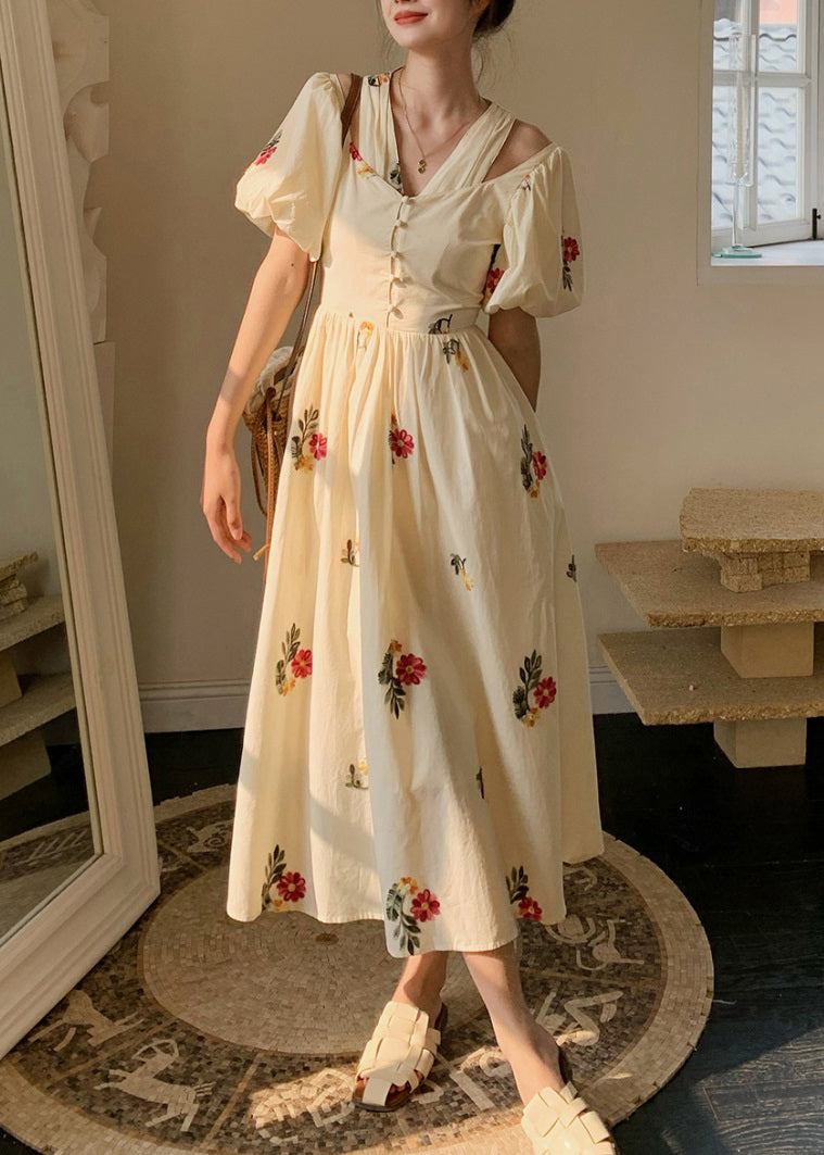 Robe en coton deux pièces ample brodée beige en vrac ZL020