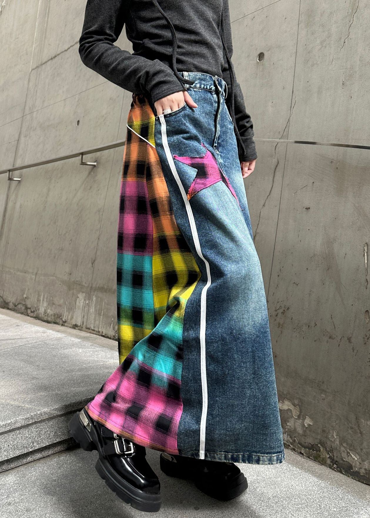 Denim Waist Rose Patchwork Modern Skirts Elastic Asymmetrical