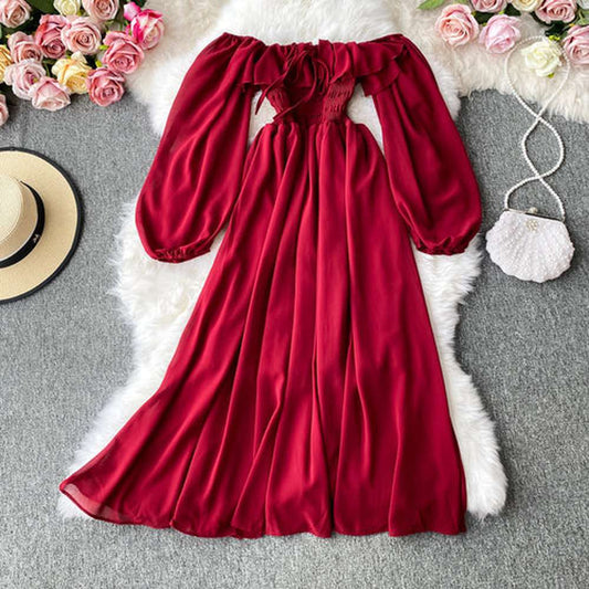 Chic Red Off Shoulder With Ruffles Long Puff Sleeve Midi Dress AR1019