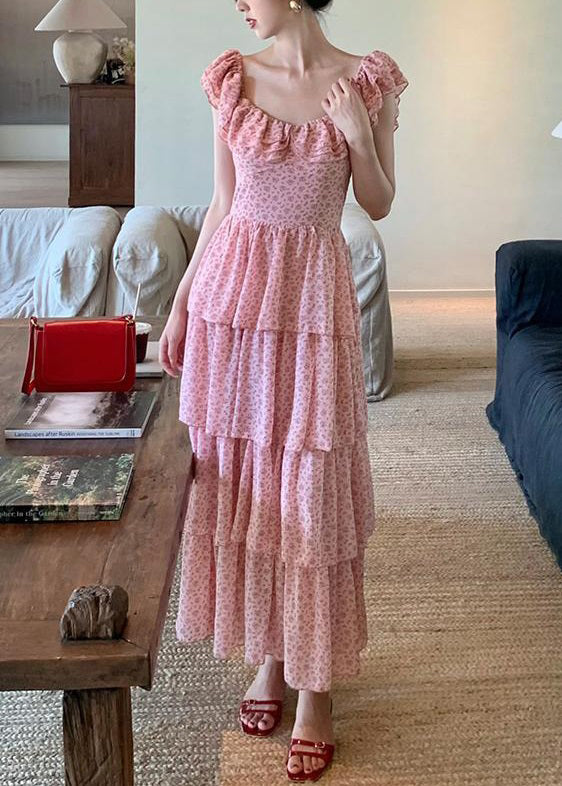 Elegant Pink Ruffled Print Chiffon Long Dress Summer