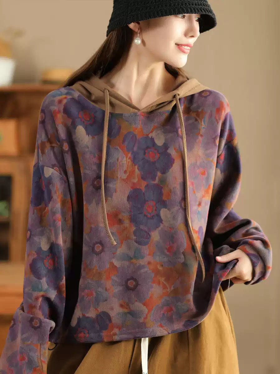 Women Casual Autumn Flower Hooded Cotton Sweatshirt WG021