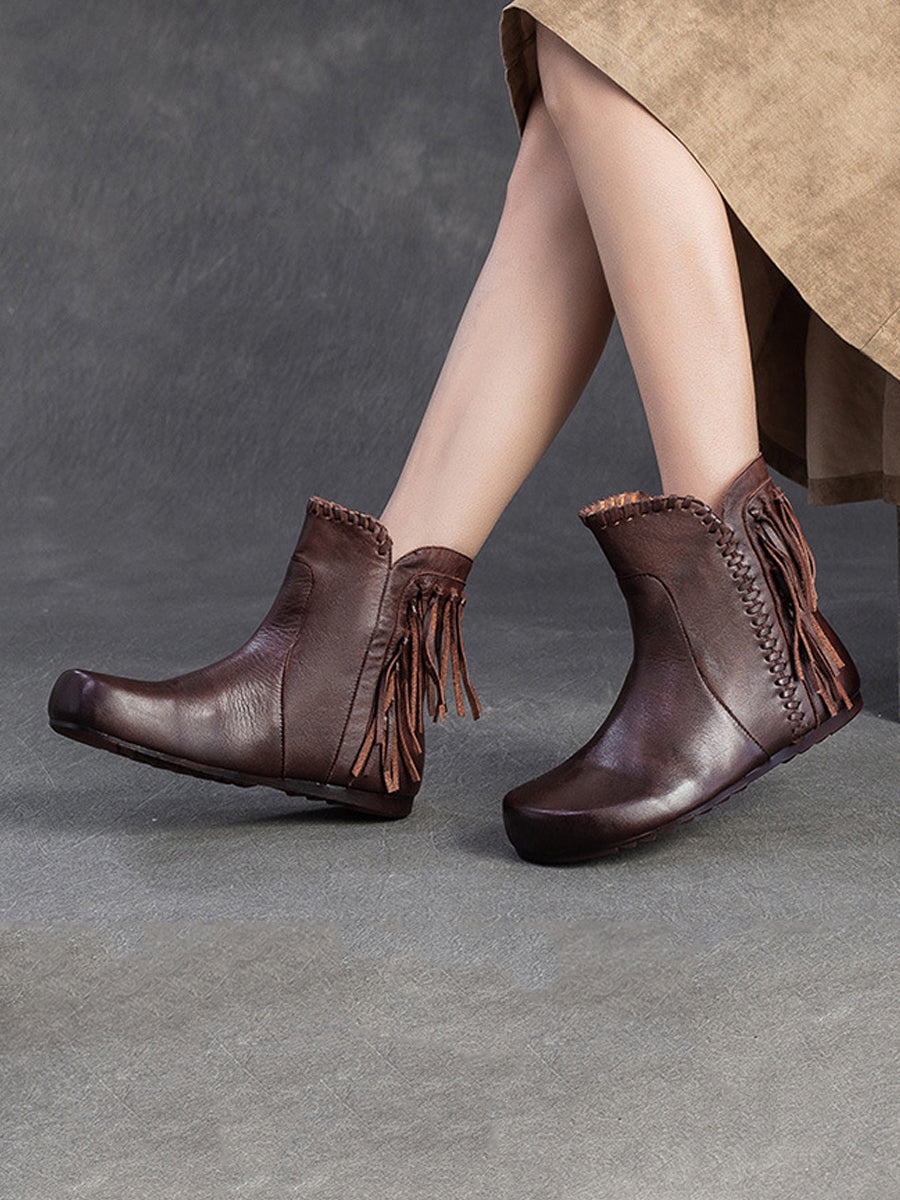 Autumn Leather Tassel Ankle Boots Women Vintage