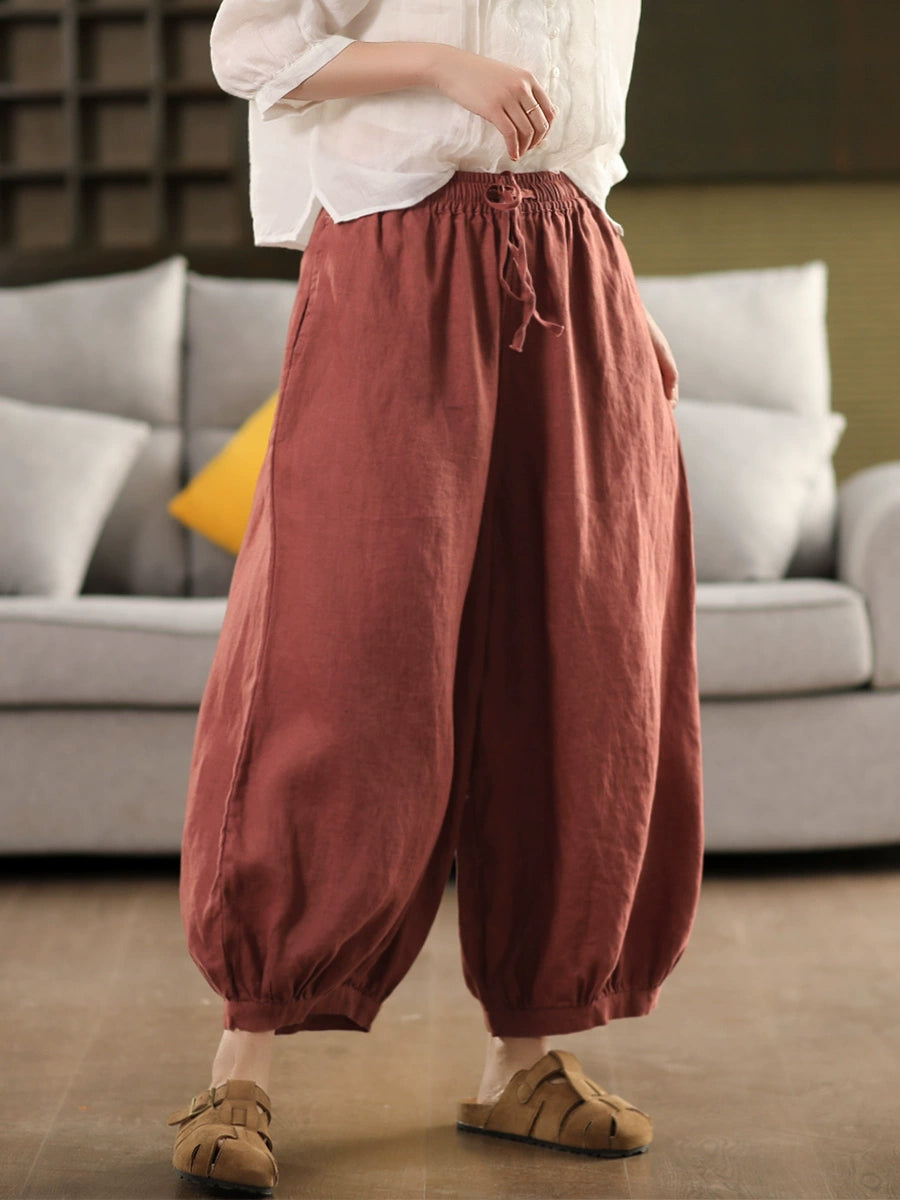 Color Summer Casual Harem 100%Linen Pants Pure Women