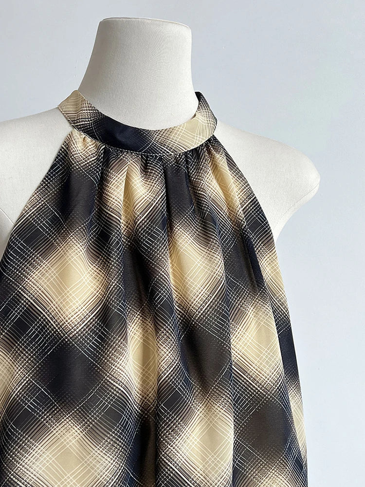 Khaki Top Plaid Asymmetric Halter Sleeveless Neck Uniaue High-Low