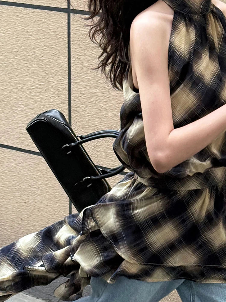 Khaki Top Plaid Asymmetric Halter Sleeveless Neck Uniaue High-Low